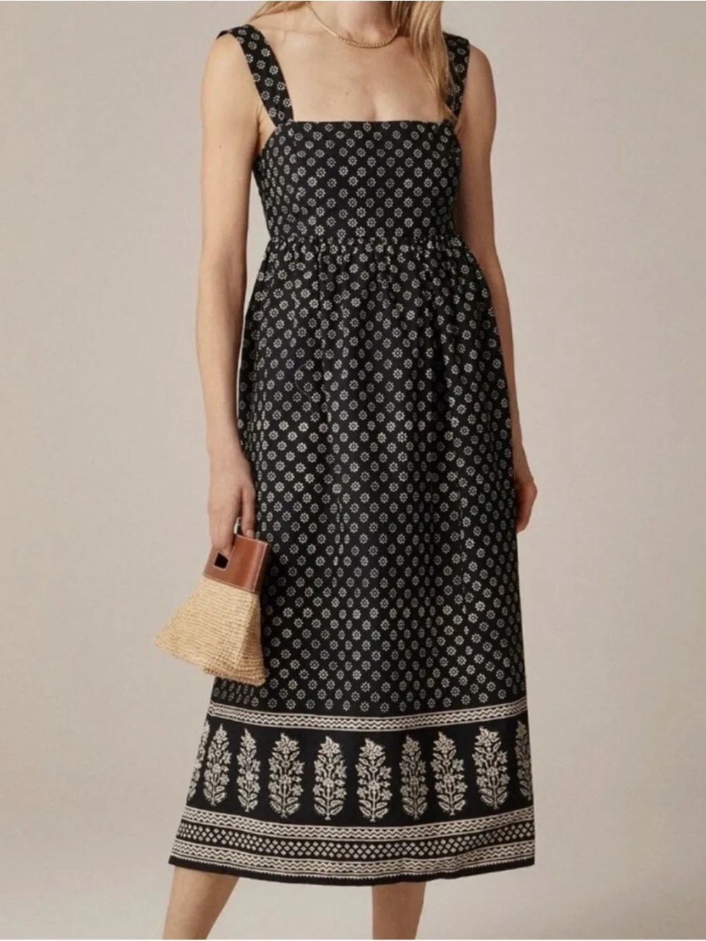 J. Crew Black Printed Square-Neck Midi Dress